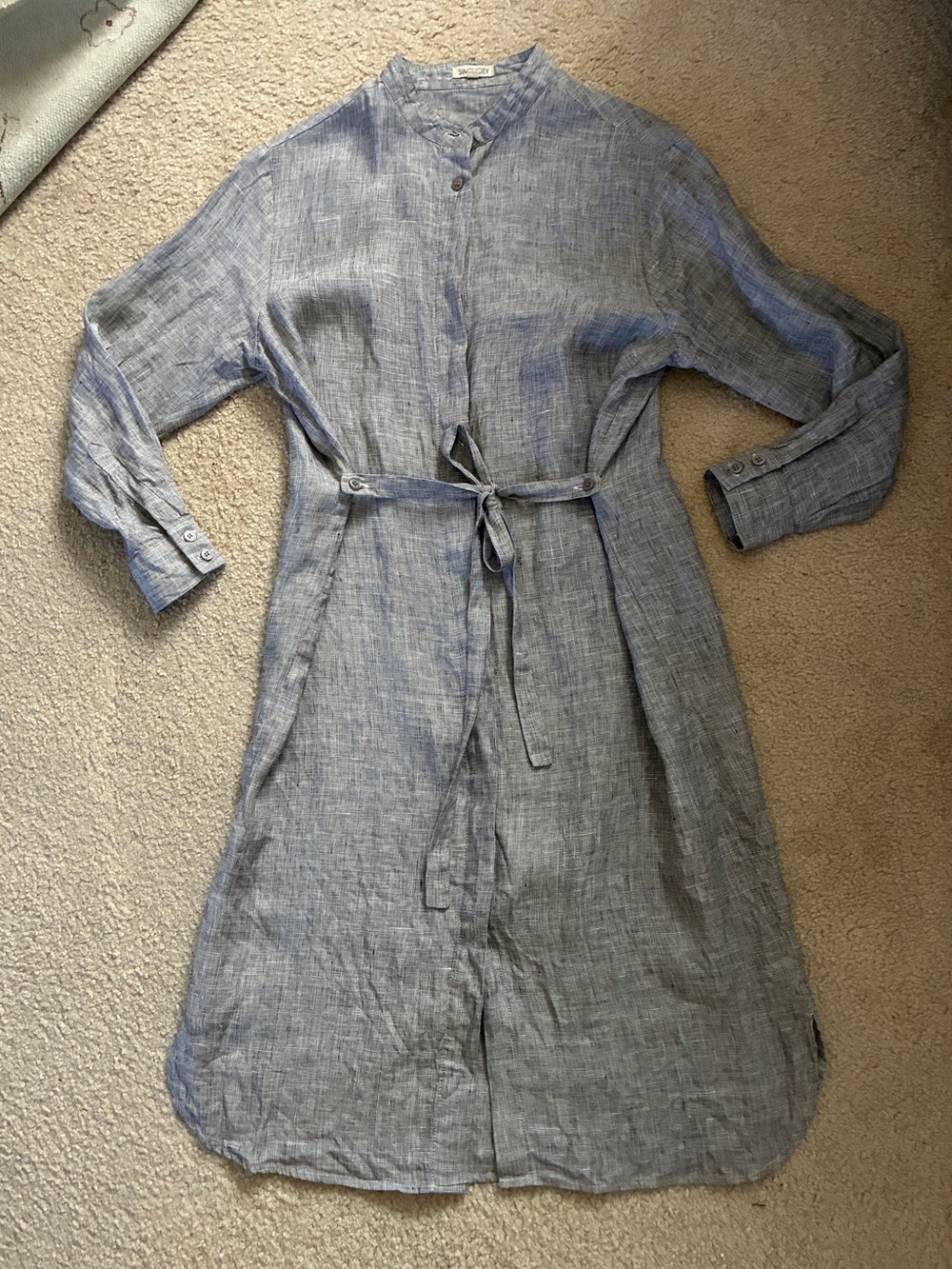Blue/Grey Long Sleeve Coastal Grandma Tie-Waist Linen Midi Dress - fits S/M